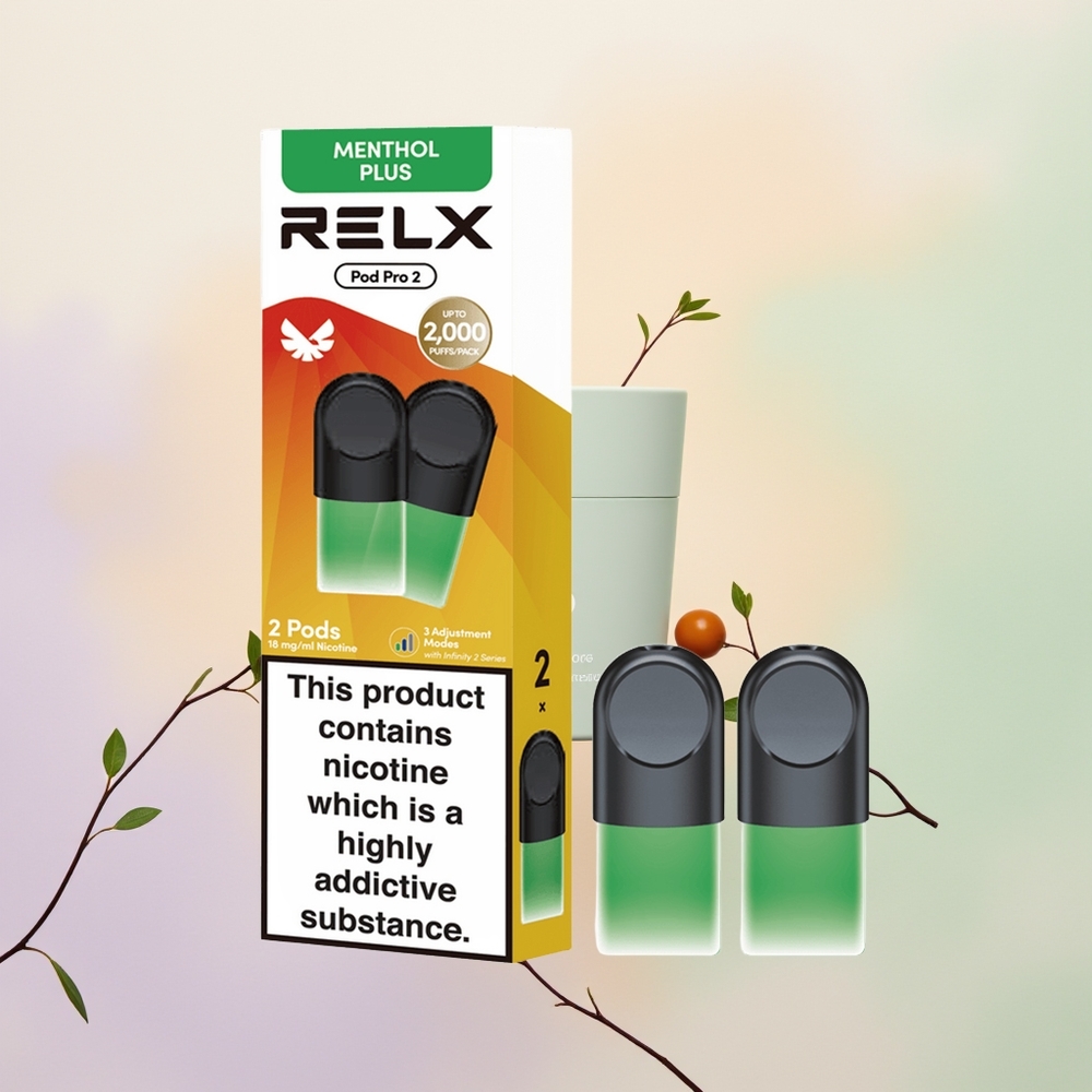 Relx Pod Pro 2 Vape Device منتول بلاس الإصدار المتميز - سعة 1.9 مل - خيارات التعبئة: 2 أو 3 عبوات - أوضاع الجهد: الاقتصادي (5.5 واط)، الناعم (6.5 واط)، المعزز (8 واط)