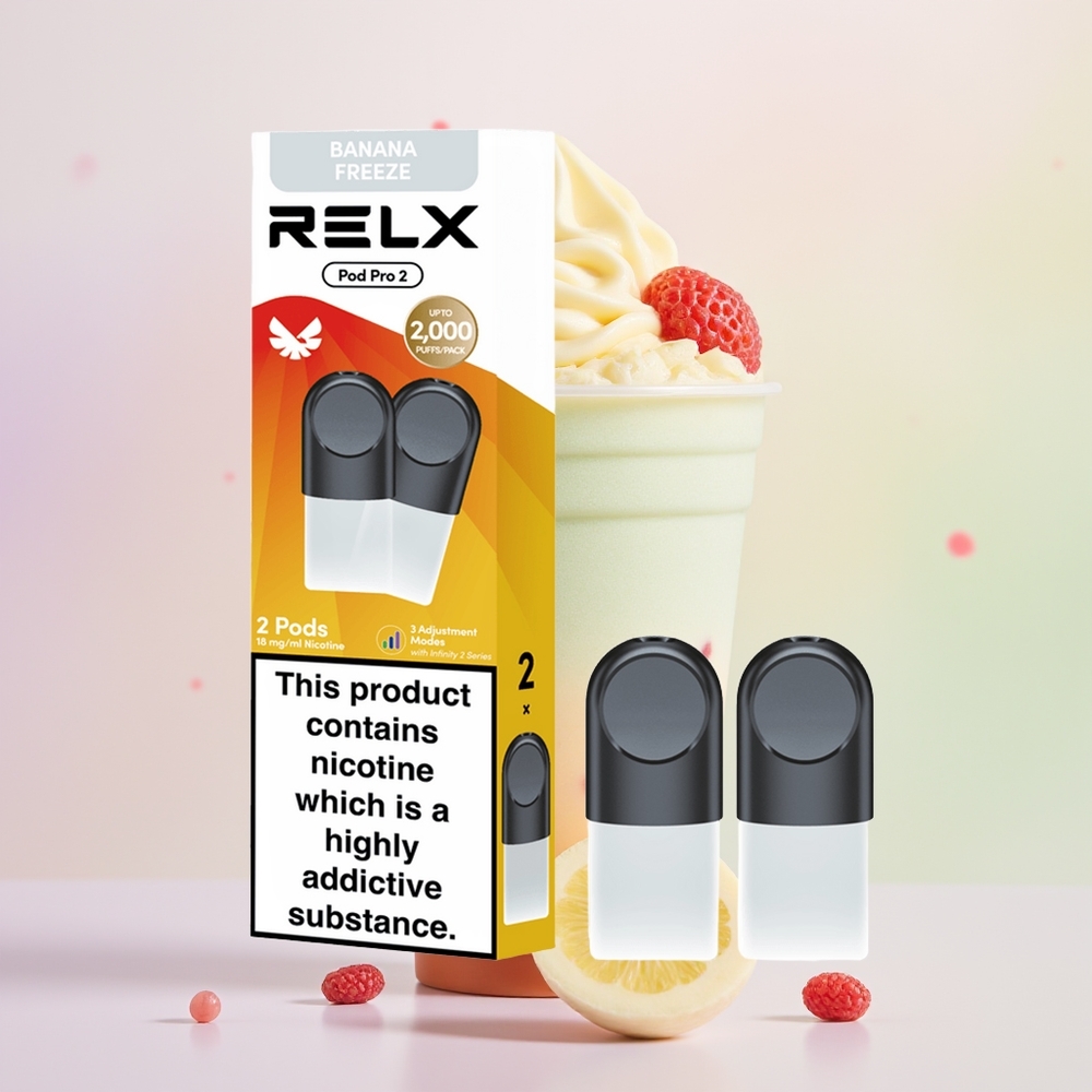Relx Pod Pro 2 Vape Device مُجَمَّد الموز الحلوى - 1.9 مل - 3 أوضاع: إيكو، سموث، بُوست